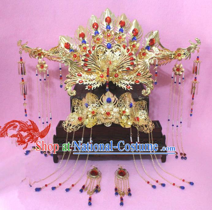 Traditional Handmade Chinese Ancient Classical Hair Accessories Bride Wedding Barrettes Empress Phoenix Coronet Hairpins