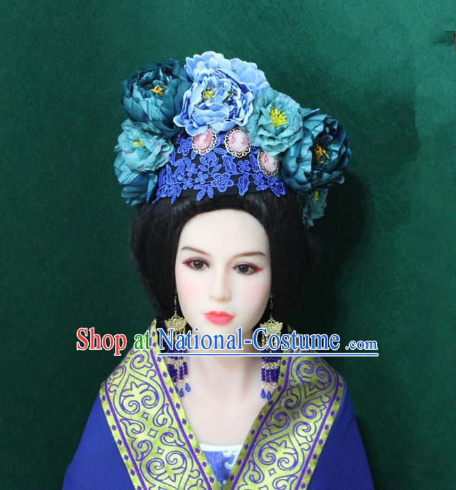 Traditional Handmade Chinese Hair Accessories Blue Lace Flowers Phoenix Coronet, China Tang Dynasty Tassel Hairpins Complete Set for Women