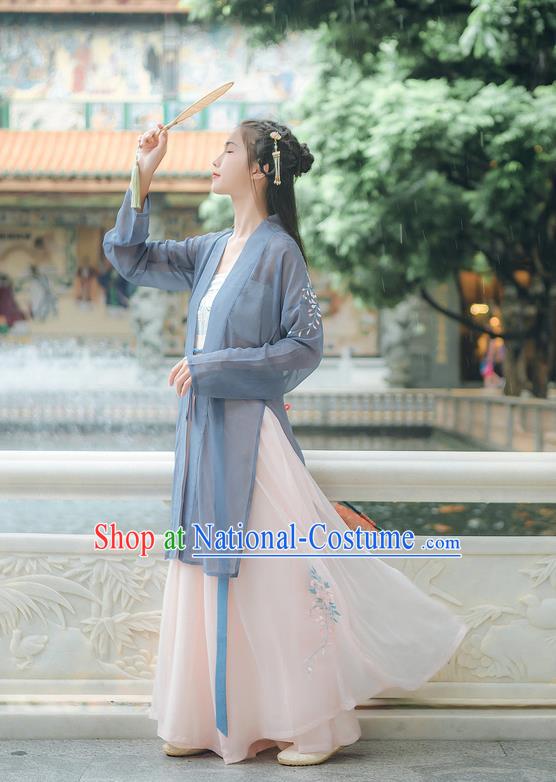 Traditional Chinese Ancient Hanfu Young Lady Costume, Asian China Song Dynasty Princess Embroidery Blouse and Pants Complete Set