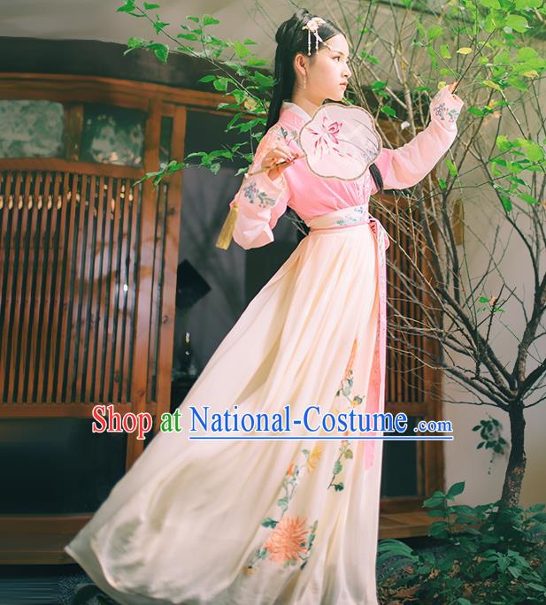 Asian China Han Dynasty Hanfu Costume Traditional Chinese Princess Embroidery Pink Dress Clothing Complete Set