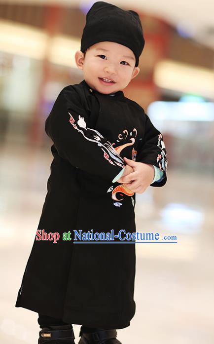 Traditional Chinese Ancient Hanfu Costume Embroidered Black Round Collar Robe, Asian China Ming Dynasty Palace Clothing for Kids