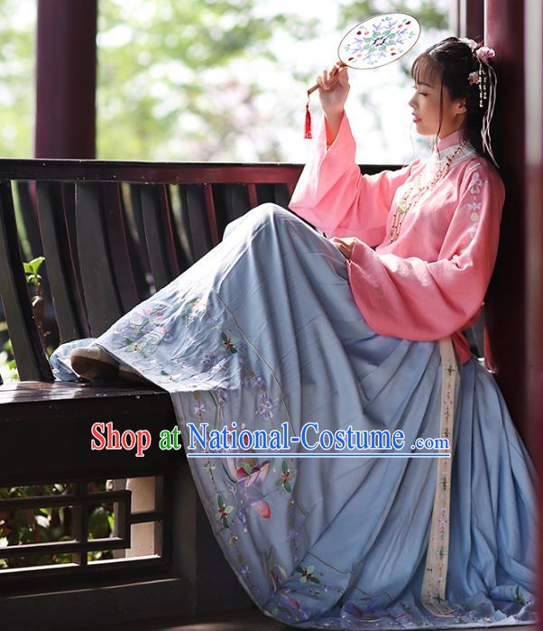 Asian Chinese Ming Dynasty Young Lady Hanfu Costume Embroidered Blue Skirt, Traditional China Ancient Princess Horse-face Skirt for Women