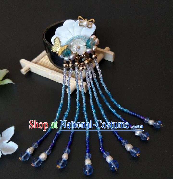 Traditional Handmade Chinese Hair Accessories Hanfu Shell Hairpins, China Ancient Tang Dynasty Palace Lady Blue Beads Tassel Step Shake for Women