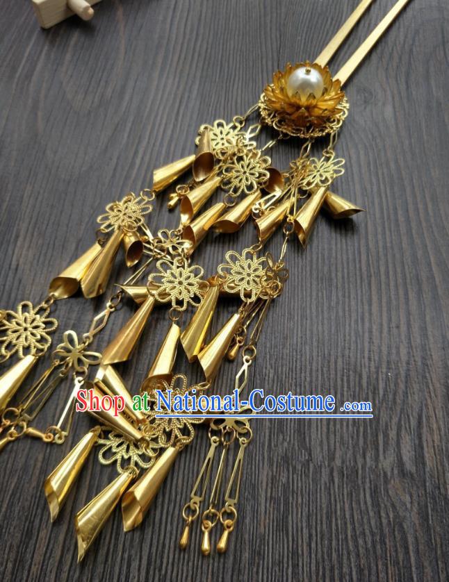 Traditional Handmade Chinese Hair Accessories Hanfu Golden Tassel Hairpins, China Ancient Tang Dynasty Palace Lady Step Shake for Women