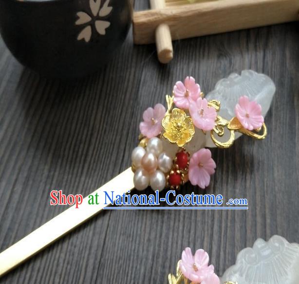 Traditional Handmade Chinese Hair Accessories Pink Flowers Jade Hairpins, China Ancient Tang Dynasty Palace Lady Hanfu Hair Stick for Women