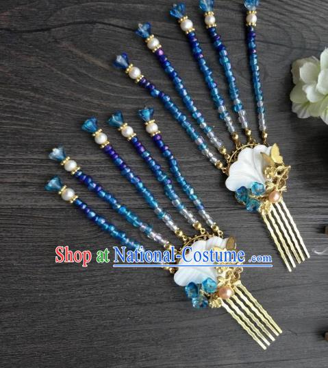 Traditional Handmade Chinese Hair Accessories Blue Beads Tassel Hair Comb Kanzashi, China Ancient Palace Lady Hanfu Hairpins for Women