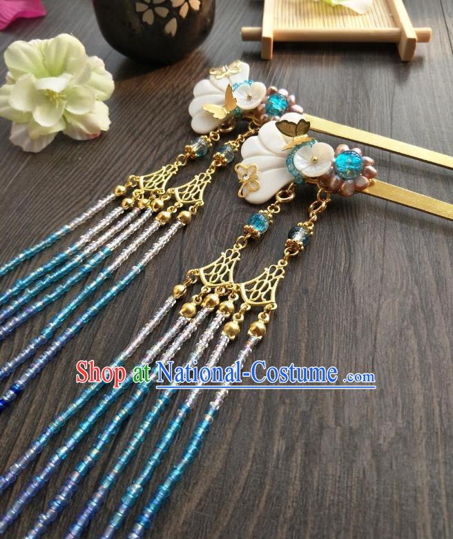 Traditional Handmade Chinese Hair Accessories Blue Beads Tassel Step Shake Kanzashi, China Ancient Palace Lady Hanfu Hairpins for Women