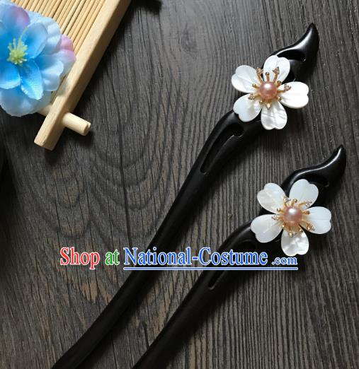 Traditional Handmade Chinese Hair Accessories Shell Kanzashi, China Ancient Palace Lady Hanfu Ebony Hairpins for Women