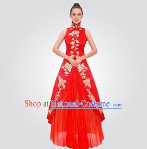 Traditional Chinese National Young Lady Red Qipao Wedding Costume, China Embroidered Cheongsam for Women