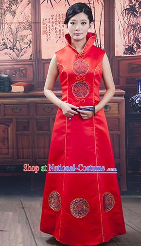 Traditional Ancient Chinese Republic of China Red Wedding Cheongsam, Asian Chinese Chirpaur Embroidered Qipao Dress Clothing for Women