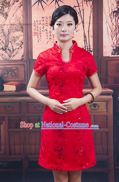 Traditional Ancient Chinese Republic of China Red Wedding Short Cheongsam, Asian Chinese Chirpaur Embroidered Qipao Dress Clothing for Women