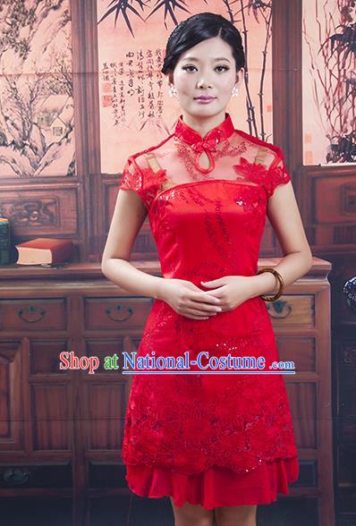 Traditional Ancient Chinese Republic of China Red Short Cheongsam, Asian Chinese Chirpaur Qipao Dress Clothing for Women