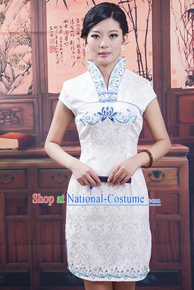 Traditional Ancient Chinese Republic of China Blue and White Porcelain Short Cheongsam, Asian Chinese Chirpaur Qipao Dress Clothing for Women