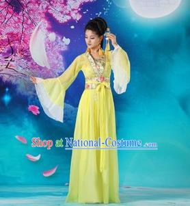 Traditional Ancient Chinese Palace Lady Dance Costume, Asian Chinese Tang Dynasty Fairy Yellow Dress Clothing for Women