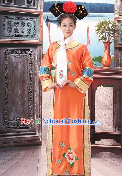 Traditional Ancient Chinese Manchu Palace Lady Costume, Asian Chinese Qing Dynasty Princess Orange Embroidered Dress Clothing for Women