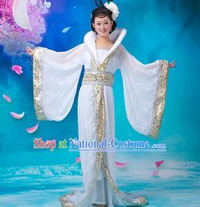 Asian China Ancient Tang Dynasty Imperial Concubine Costume, Traditional Chinese Hanfu Embroidered White Dress Clothing for Women