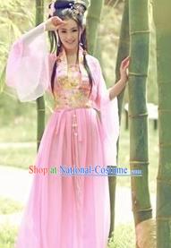 Asian China Ancient Tang Dynasty Imperial Concubine Costume, Traditional Chinese Hanfu Embroidered Pink Fairy Dress Clothing for Women