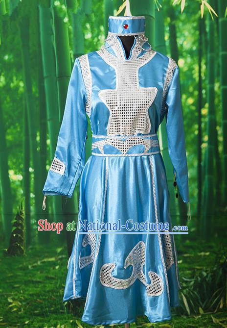 Traditional Chinese Mongol Nationality Dancing Costume, Mongols Female Ethnic Pleated Skirt, Chinese Mongolian Minority Blue Costume for Women