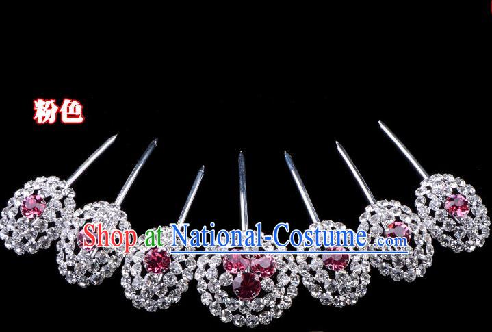 Traditional Beijing Opera Diva Hair Accessories Pink Crystal Head Ornaments Hairpins Complete Set, Ancient Chinese Peking Opera Hua Tan Hair Stick Headwear