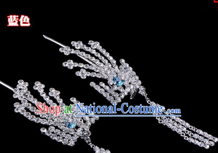 Traditional Beijing Opera Diva Hair Accessories Blue Crystal Inclined Phoenix Tassel Hairpins, Ancient Chinese Peking Opera Hua Tan Hair Stick Headwear