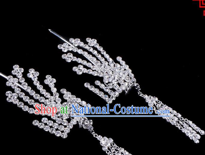 Traditional Beijing Opera Diva Hair Accessories Crystal Inclined Phoenix Tassel Hairpins, Ancient Chinese Peking Opera Hua Tan Hair Stick Headwear