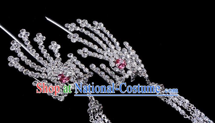 Traditional Beijing Opera Diva Hair Accessories Pink Crystal Inclined Phoenix Tassel Hairpins, Ancient Chinese Peking Opera Hua Tan Hair Stick Headwear