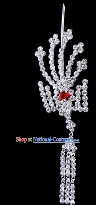 Traditional Beijing Opera Diva Hair Accessories Red Crystal Inclined Phoenix Tassel Hairpins, Ancient Chinese Peking Opera Hua Tan Hair Stick Headwear