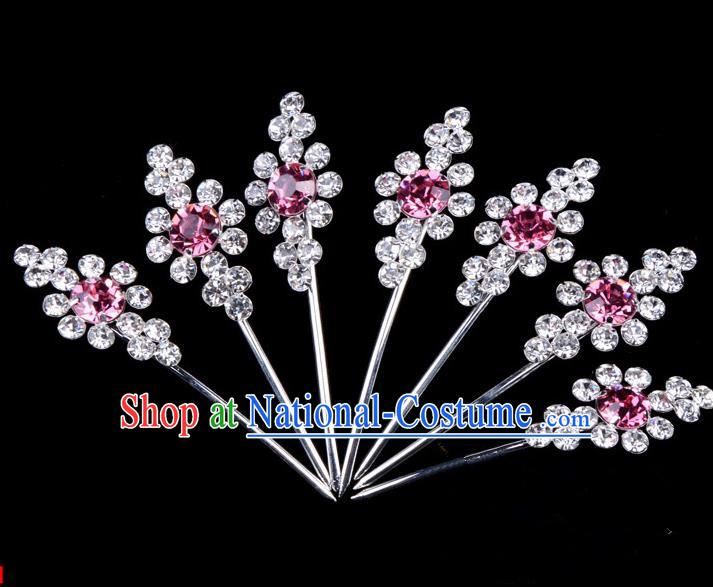 Traditional Beijing Opera Diva Hair Accessories Pink Crystal Head Ornaments Complete Set, Ancient Chinese Peking Opera Hua Tan Hairpins Hair Stick Headwear