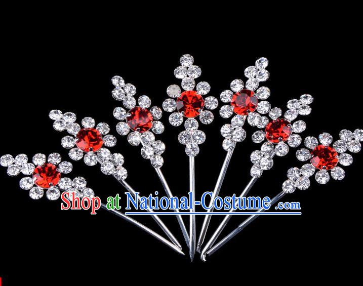 Traditional Beijing Opera Diva Hair Accessories Red Crystal Head Ornaments Complete Set, Ancient Chinese Peking Opera Hua Tan Hairpins Hair Stick Headwear