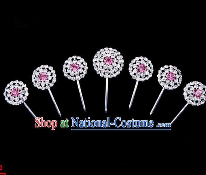 Traditional Beijing Opera Diva Hair Accessories Pink Crystal Head Ornaments Complete Set, Ancient Chinese Peking Opera Hua Tan Round Hairpins Hair Stick Headwear