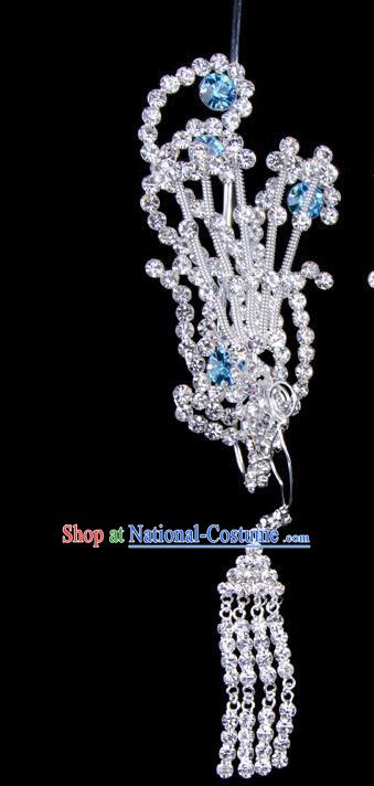 Traditional Beijing Opera Diva Hair Accessories Blue Crystal Phoenix Head Ornaments, Ancient Chinese Peking Opera Hua Tan Tassel Hairpins Hair Stick Headwear