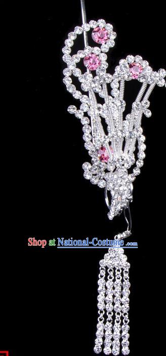 Traditional Beijing Opera Diva Hair Accessories Pink Crystal Phoenix Head Ornaments, Ancient Chinese Peking Opera Hua Tan Tassel Hairpins Hair Stick Headwear