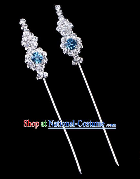 Traditional Beijing Opera Diva Hair Accessories Blue Crystal Head Ornaments, Ancient Chinese Peking Opera Hua Tan Hairpins Hair Stick Headwear