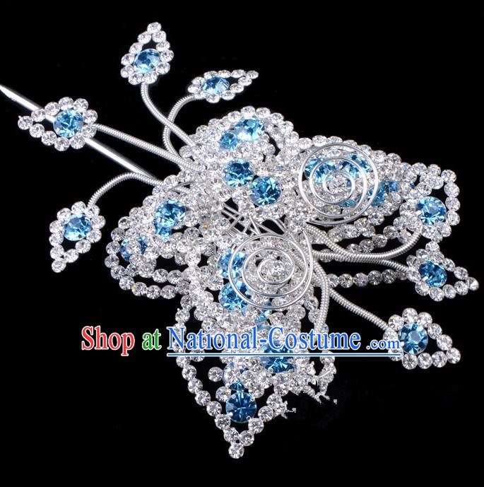 Traditional Beijing Opera Diva Hair Accessories Blue Crystal Butterfly Head Ornaments, Ancient Chinese Peking Opera Hua Tan Large Hairpins Hair Stick Headwear