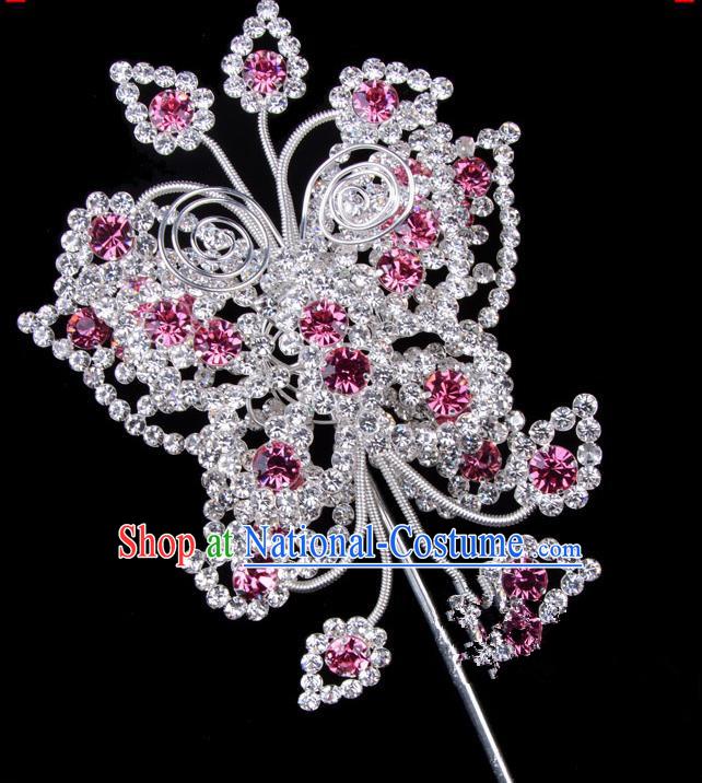 Traditional Beijing Opera Diva Hair Accessories Pink Crystal Butterfly Head Ornaments, Ancient Chinese Peking Opera Hua Tan Large Hairpins Hair Stick Headwear