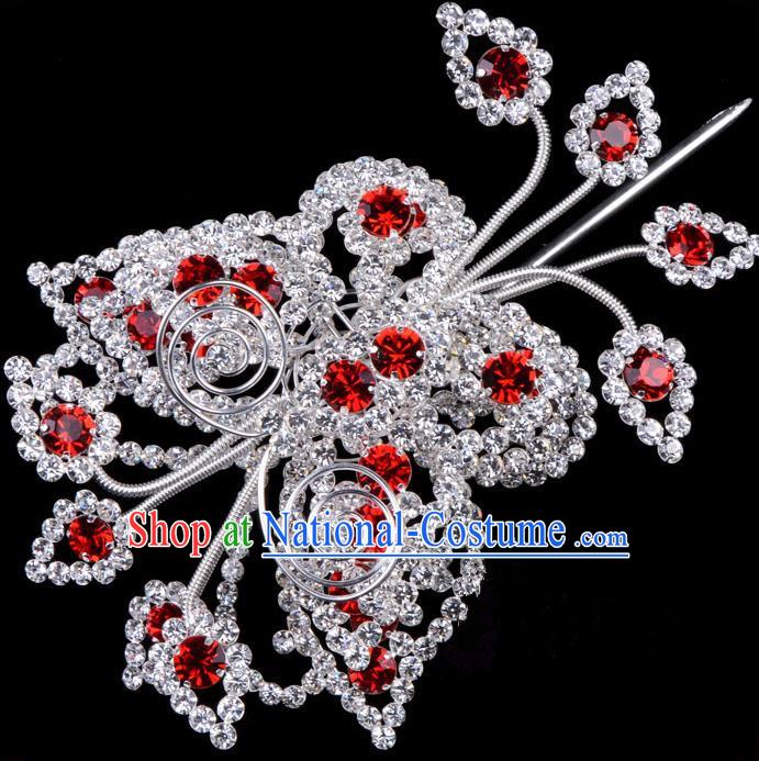 Traditional Beijing Opera Diva Hair Accessories Red Crystal Butterfly Head Ornaments, Ancient Chinese Peking Opera Hua Tan Large Hairpins Hair Stick Headwear