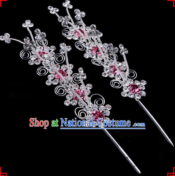 Traditional Beijing Opera Diva Hair Accessories Pink Crystal Butterfly Head Ornaments Hairpins, Ancient Chinese Peking Opera Hua Tan Hair Stick Headwear