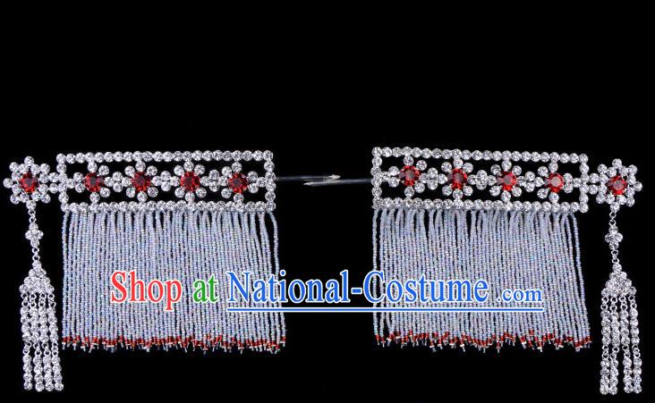 Traditional Beijing Opera Diva Hair Accessories Red Crystal Head Ornaments Temples Curtain Hairpins, Ancient Chinese Peking Opera Hua Tan Tassel Hair Stick Headwear