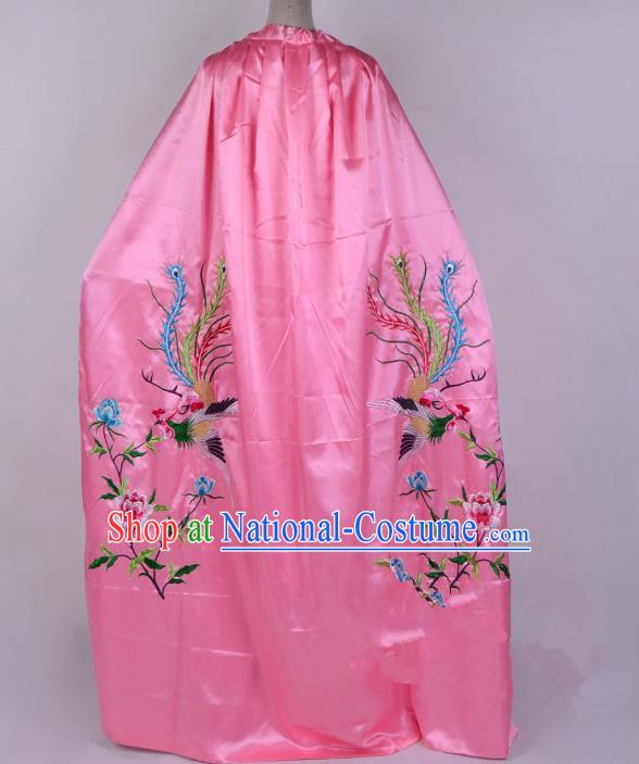 Top Grade Professional Beijing Opera Diva Costume Young Lady Embroidered Pink Cloak, Traditional Ancient Chinese Peking Opera Princess Embroidery Phoenix Mantle Clothing