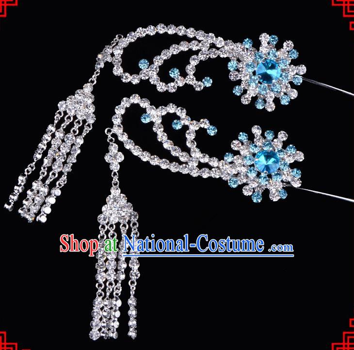 Traditional Beijing Opera Diva Hair Accessories Blue Crystal Tassel Step Shake Hairpins, Ancient Chinese Peking Opera Hua Tan Hair Stick Headwear