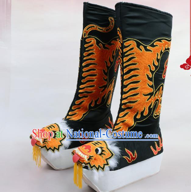 Traditional Beijing Opera Emperor Embroidered Black Boots Tiger-head Shoes, Ancient Chinese Peking Opera Takefu Satin Embroidery High Leg Boots