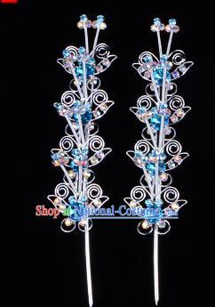 Traditional Beijing Opera Diva Hair Accessories Blue Crystal Butterfly Head Ornaments Hairpins, Ancient Chinese Peking Opera Hua Tan Hair Stick Headwear