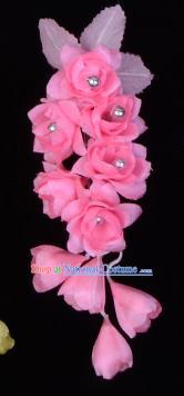 Traditional Beijing Opera Diva Hair Accessories Temples Pink Silk Flowers Head Ornaments Hairpins, Ancient Chinese Peking Opera Hua Tan Hair Stick Headwear