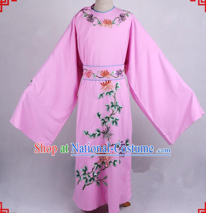 Top Grade Professional Beijing Opera Niche Costume Gifted Scholar Pink Embroidered Robe, Traditional Ancient Chinese Peking Opera Embroidery Chrysanthemum Clothing