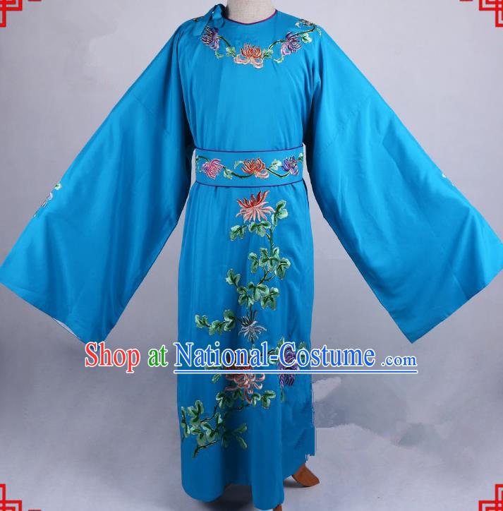 Top Grade Professional Beijing Opera Niche Costume Gifted Scholar Blue Embroidered Robe, Traditional Ancient Chinese Peking Opera Embroidery Chrysanthemum Clothing