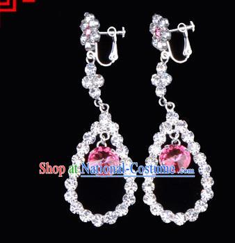 Traditional Beijing Opera Diva Jewelry Accessories Pink Crystal Earrings, Ancient Chinese Peking Opera Hua Tan Eardrop