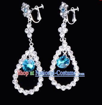 Traditional Beijing Opera Diva Jewelry Accessories Blue Crystal Earrings, Ancient Chinese Peking Opera Hua Tan Eardrop