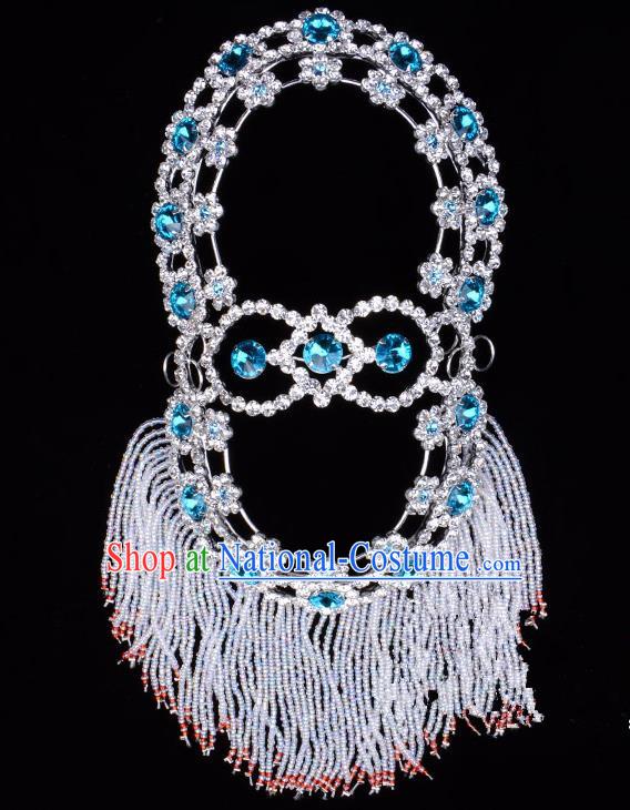 Traditional Beijing Opera Diva Hair Accessories Blue Crystal Head Ornaments Hairpins, Ancient Chinese Peking Opera Hua Tan Headband Headwear