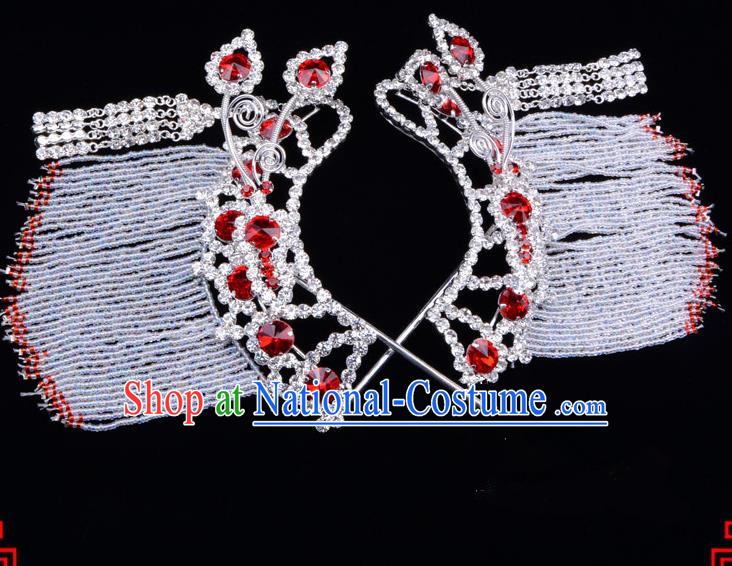 Traditional Beijing Opera Diva Hair Accessories Red Crystal Hairpins Temples Curtain Step Shake, Ancient Chinese Peking Opera Hua Tan Hair Stick Headwear