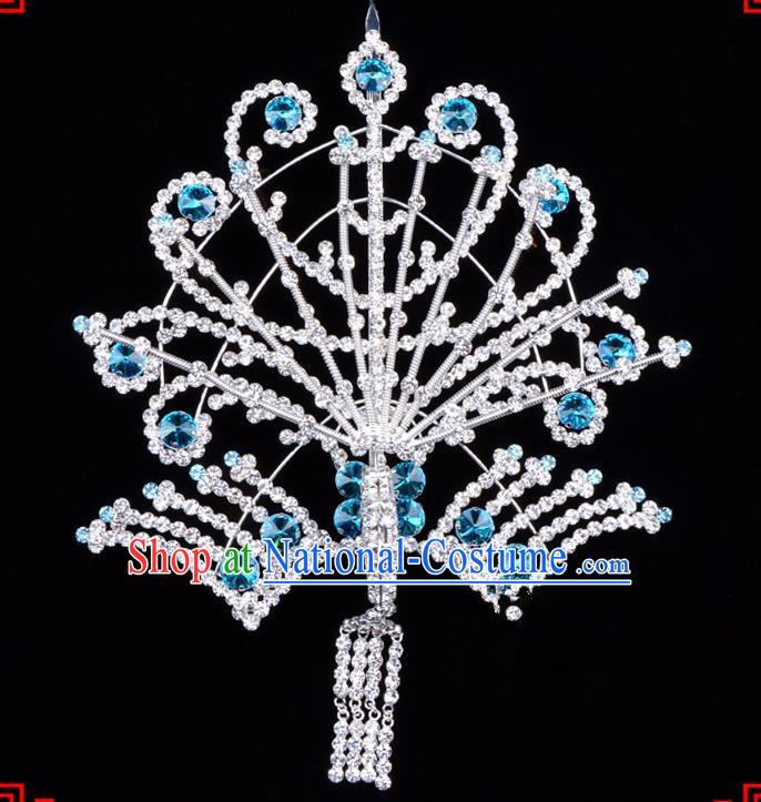 Traditional Beijing Opera Diva Hair Accessories Blue Crystal Hairpins Phoenix Step Shake, Ancient Chinese Peking Opera Hua Tan Hair Stick Headwear